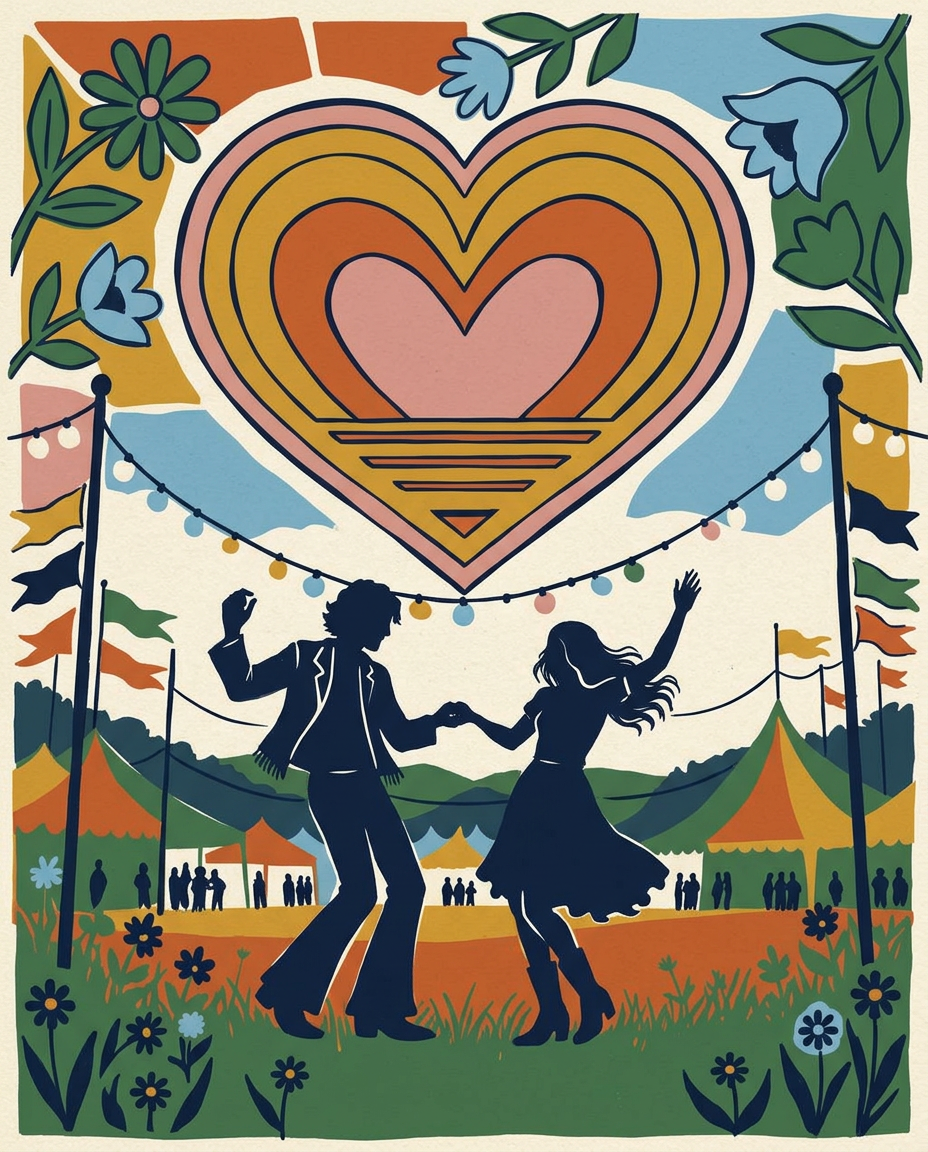 Retro poster of a couple dancing under a heart-shaped sun