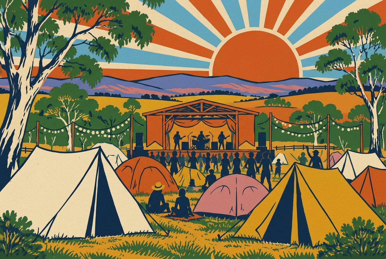 Retro festival poster of tents camping around a music stage at golden hour