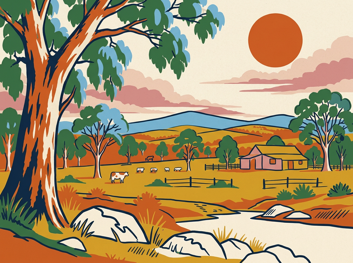 Retro poster of the rolling paddocks, gum trees and farm sheds of the Ballan countryside